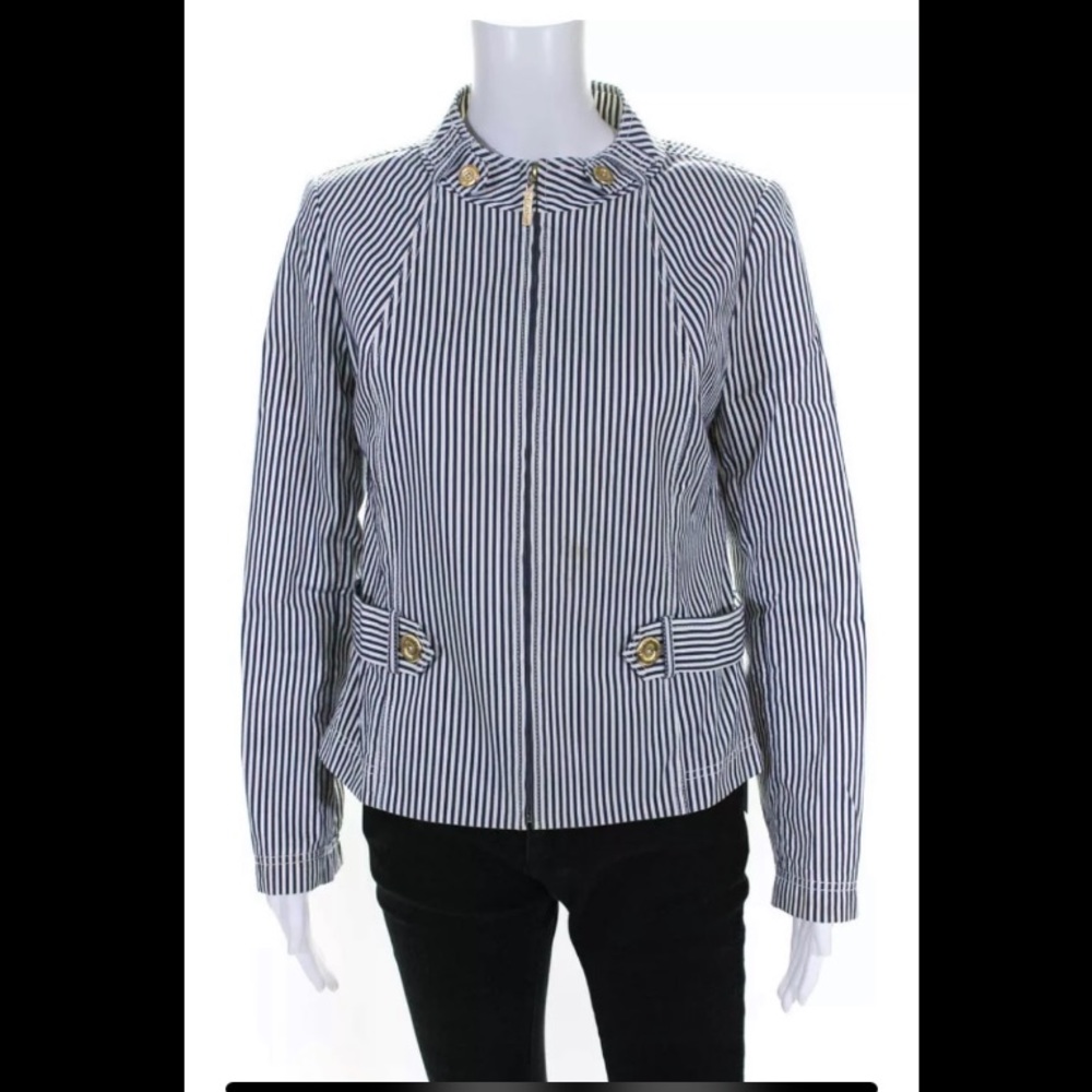 St. John Women’s Striped Full Zipper Jacket White Navy Blue Cotton Size Small